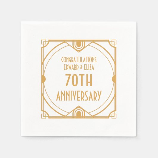 Art Deco Naam 70e Huwelijk Jubileum Goud Wit Servet (Voorkant)