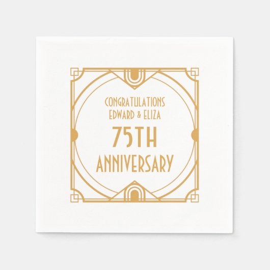 Art Deco Naam 75e bruiloft Jubileum Goud Wit Servet (Voorkant)