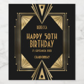 Art Deco Naam Gelukkige 50ste Verjaardag Goud Zwar Wijn Etiket (Enkel label)