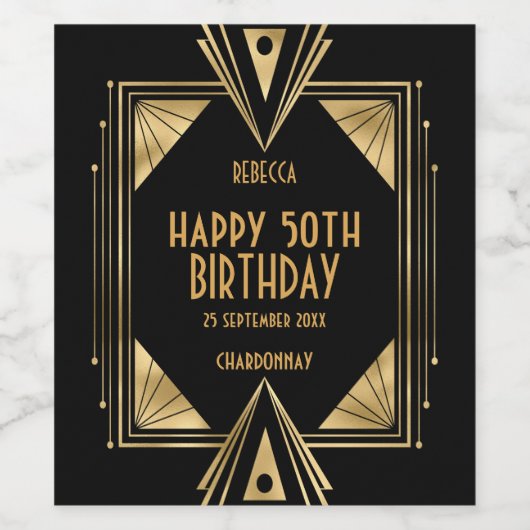 Art Deco Naam Gelukkige 50ste Verjaardag Goud Zwar Wijn Etiket (Enkel label)