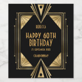 Art Deco Naam Gelukkige 60ste Verjaardag Goud Zwar Wijn Etiket (Enkel label)