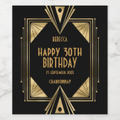 Art Deco Naam Happy 30th Verjaardag Goud Zwart Wijn Etiket (Enkel label)