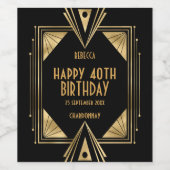 Art Deco Naam Happy 40th Verjaardag Goud Zwart Wijn Etiket (Enkel label)