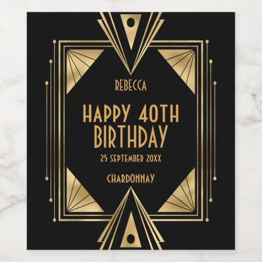 Art Deco Naam Happy 40th Verjaardag Goud Zwart Wijn Etiket (Enkel label)