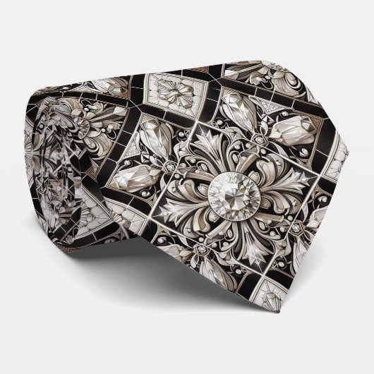 Art Deco namaakzijde | Luxe B+W-diamanten Stropdas (Opgerold)