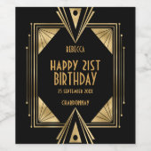 Art Deco Name Happy 21st Birthday Gold Black Wijn Etiket (Enkel label)