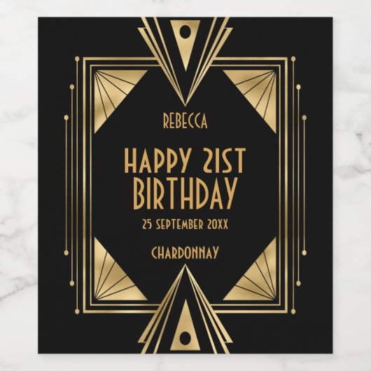 Art Deco Name Happy 21st Birthday Gold Black Wijn Etiket (Enkel label)