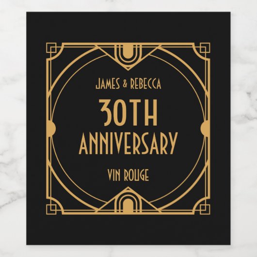 Art Deco Namen 30e bruiloft Jubileum Goud Zwart Wijn Etiket (Enkel label)