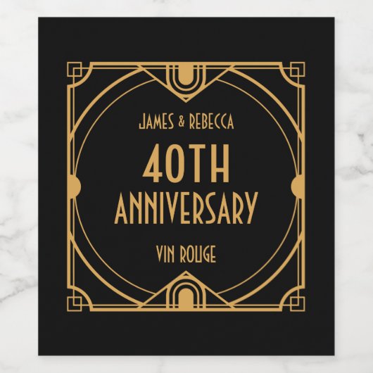 Art Deco Namen 40e bruiloft Jubileum Goud Zwart Wijn Etiket (Enkel label)