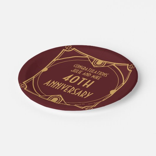 Art Deco Namen 40e Bruiloft Jubileum Ruby Rood Papieren Bordje (Gekanteld)