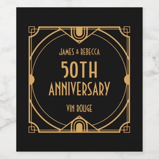 Art Deco Namen 50e bruiloft Jubileum Goud Zwart Wijn Etiket (Enkel label)