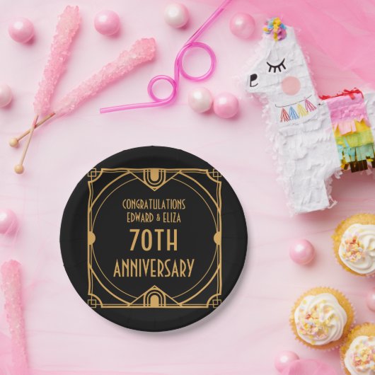 Art Deco Namen 70e bruiloft Jubileum Zwart Papieren Bordje (Feest)