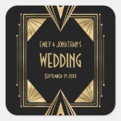 Art Deco Namen Datum Goud Zwart Bruiloft Vierkante Sticker (Voorkant)