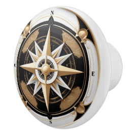 Art Deco Nautisch Kompas Roos Zwart Wit Goud Keramische Knop