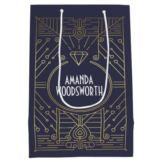 Art Deco  Navy Blauw en Gouden Gift Bag Medium Cadeauzakje (Achterkant)