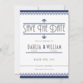 Art Deco Navy Blauw en Zilver Save The Date (Voorkant)