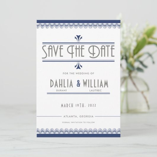 Art Deco Navy Blauw en Zilver Save The Date (Staand voorkant)