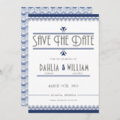 Art Deco Navy Blauw en Zilver Save The Date (Voorkant / Achterkant)