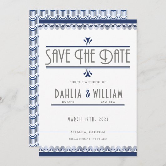 Art Deco Navy Blauw en Zilver Save The Date (Voorkant / Achterkant)