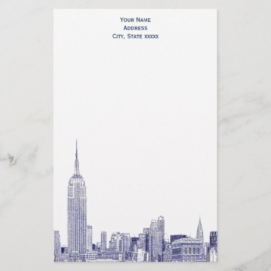 Art Deco Navy Blue NYC Skyline Etch 01 Stationery Briefpapier (Voorkant)