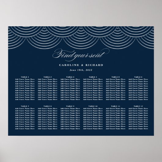 Art Deco Navy Blue Silver Wedding Seating Chart Poster (Voorkant)