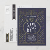 Art Deco  Navy Bruiloft Save The Date Kaarten (Voorkant / Achterkant)