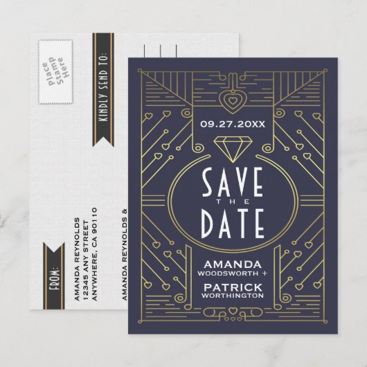 Art Deco  Navy Bruiloft Save The Date Kaarten (Voorkant / Achterkant)