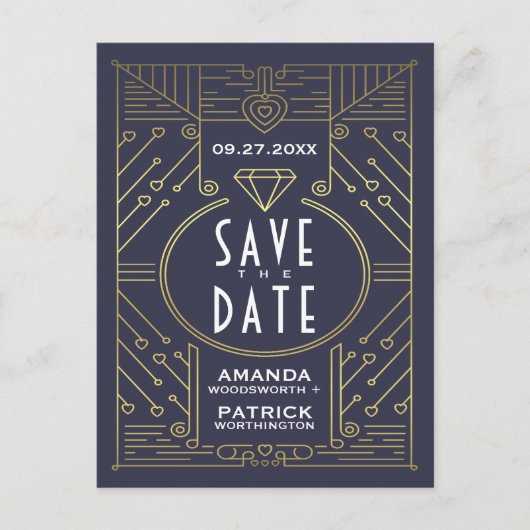 Art Deco  Navy Bruiloft Save The Date Kaarten (Voorkant)