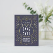 Art Deco  Navy Bruiloft Save The Date Kaarten (Staand voorkant)