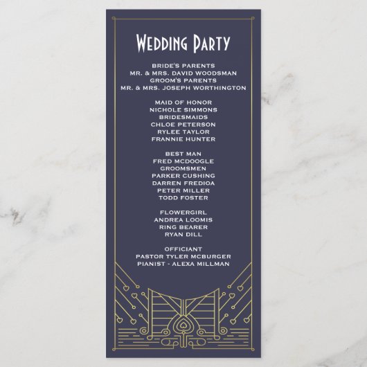 Art Deco  Navy en Gold huwelijksprogramma's Programmakaart (Achterkant)