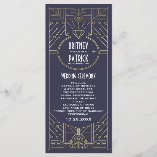 Art Deco  Navy en Gold huwelijksprogramma's Programmakaart (Voorkant)