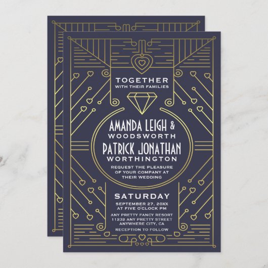 Art Deco Navy en gouden bruiloft uitnodigingen (Voorkant / Achterkant)