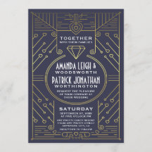 Art Deco  Navy en gouden bruiloft uitnodigingen