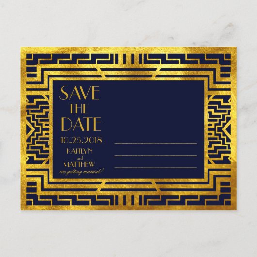 Art Deco Navy Goud Geometrisch Modern Save the Dat Aankondigingskaart (Achterkant)