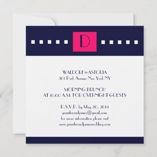 Art Deco Navy Pink Monogram D Wedding Invitations Kaart (Achterkant)