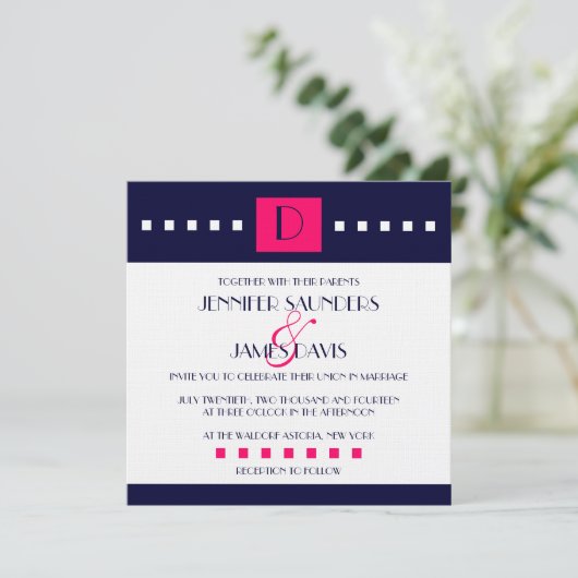 Art Deco Navy Pink Monogram D Wedding Invitations Kaart (Staand voorkant)