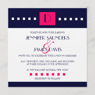Art Deco Navy Pink Monogram D Wedding Invitations Kaart
