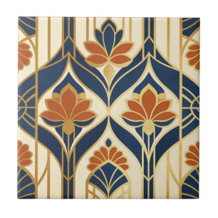 Art Deco Navy Terracotta & Gouden Lotus Tegeltje