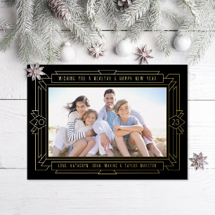 Art Deco New Year Foto Black en Gold Folie Feestdagenkaart