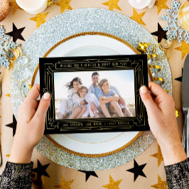 Art Deco New Year Foto Black en Gold Folie Feestdagenkaart