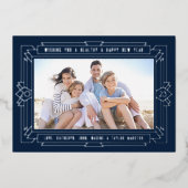 Art Deco New Year Photo Navy Folie Feestdagenkaart (Voorkant)