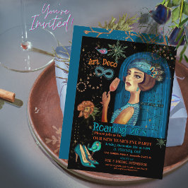 Art Deco Nieuwjaarsnacht Blauwgroen zwarte uitnodi Kaart