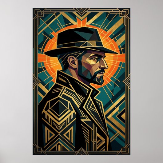 Art Deco Noir Detective Fedora Profiel Goud Poster (Voorkant)