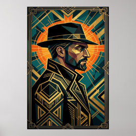Art Deco Noir Detective Fedora Profile Gold Poster
