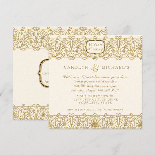 Art Deco Nouveau 50th Golden Anniversary Crème Kaart (Voorkant / Achterkant)