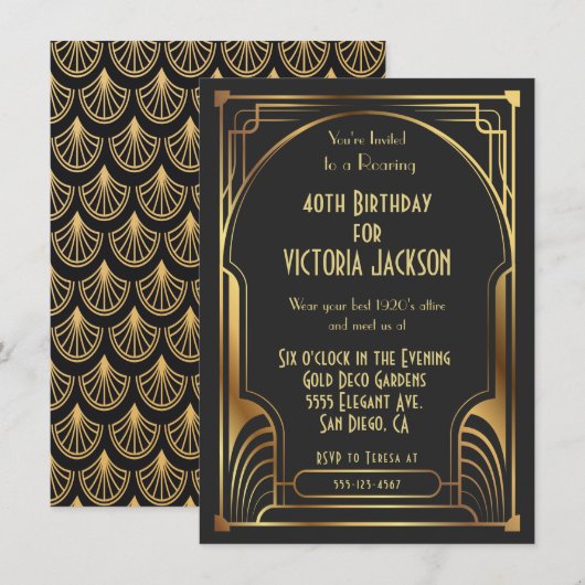 Art Deco Nouveau Birthday Party Gold & Black Kaart (Voorkant / Achterkant)