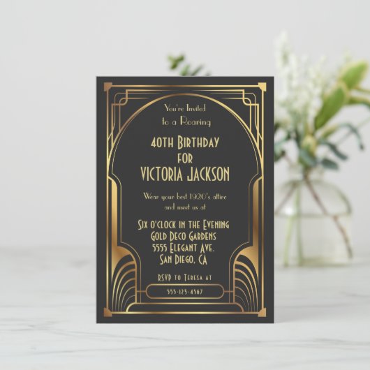Art Deco Nouveau Birthday Party Gold & Black Kaart (Staand voorkant)