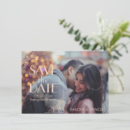 Art Deco Nouveau | Burgundy Roos Gold Blush Foto Save The Date (Staand voorkant)