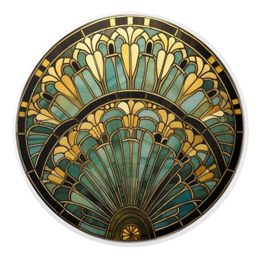 Art Deco Nouveau Elegant Turquoise Goud Zwart Keramische Knop (Voorkant)