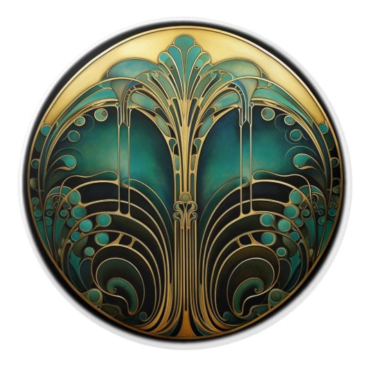 Art Deco Nouveau Elegant Turquoise Goud Zwart Keramische Knop (Voorkant)